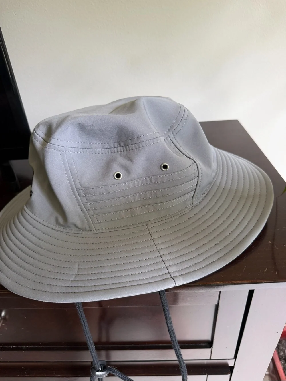 adidas Light Gray Outdoor Bucket Hat with Black Logo and Chin Strap